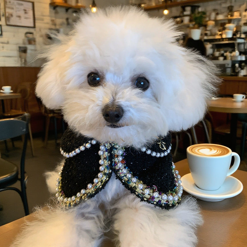 Jacqueline – Black & White Pearl Dog Jacket | Chic Formal Look