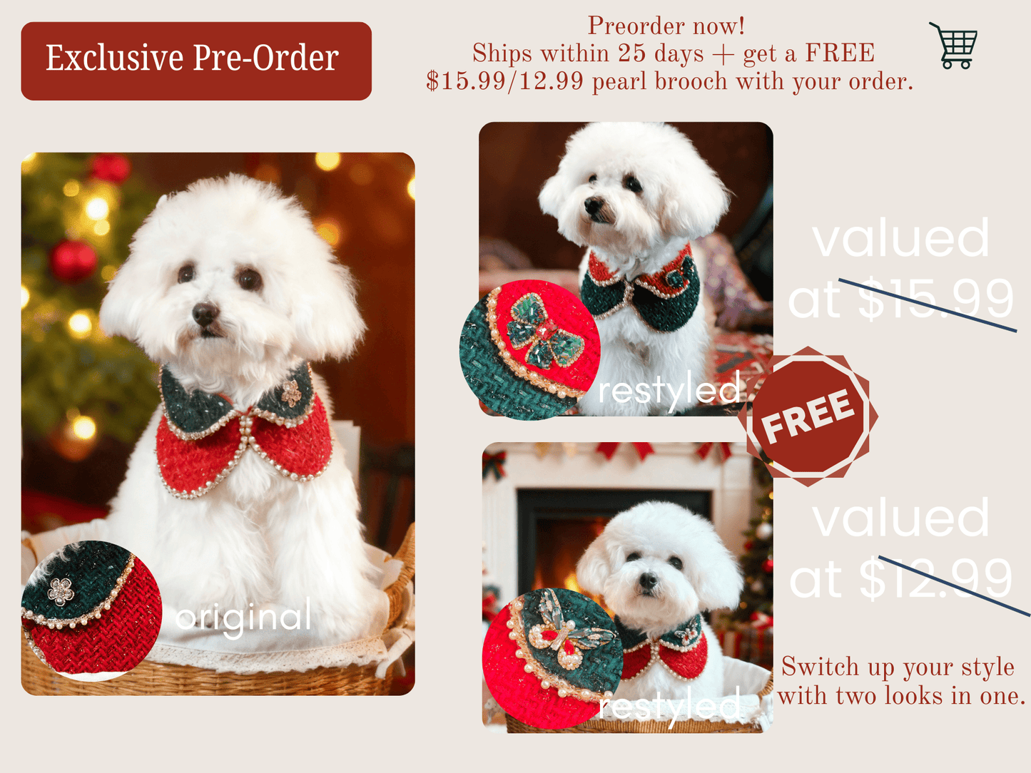 Merry -Handmade Red &Green Christmas Bandana with Interchangeable Brooch
