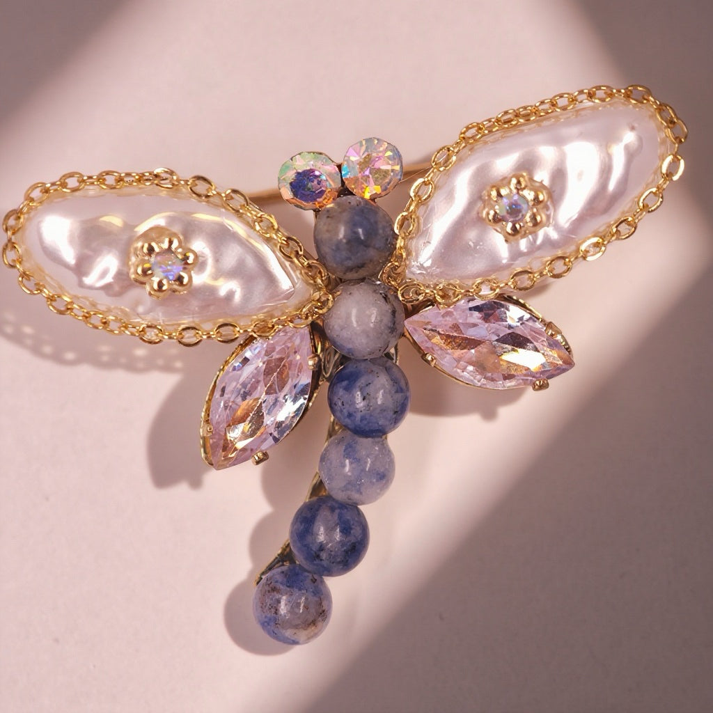 Azure Wing – Pearl & Blue Gem Dragonfly Brooch | Timeless Versatile Elegance