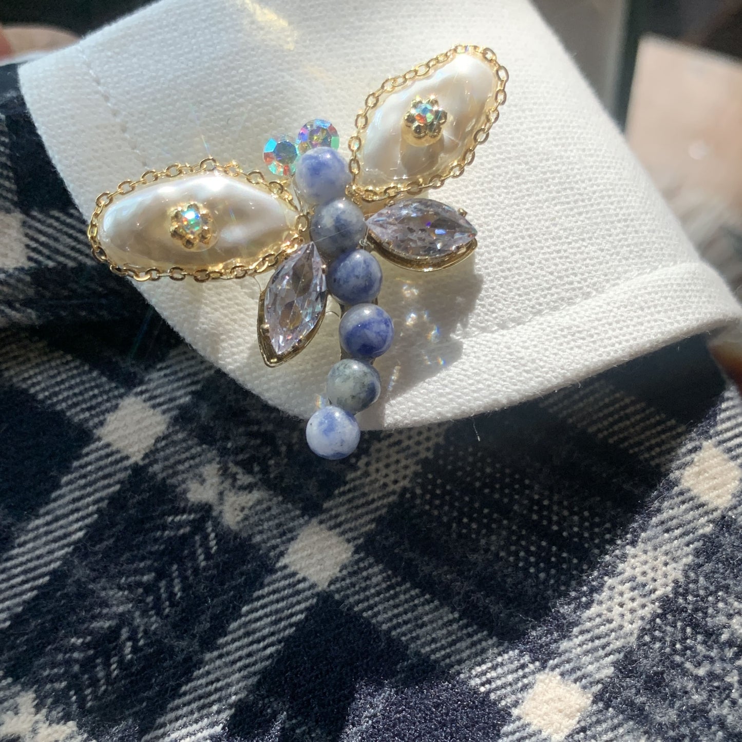 Azure Wing – Pearl & Blue Gem Dragonfly Brooch | Timeless Versatile Elegance