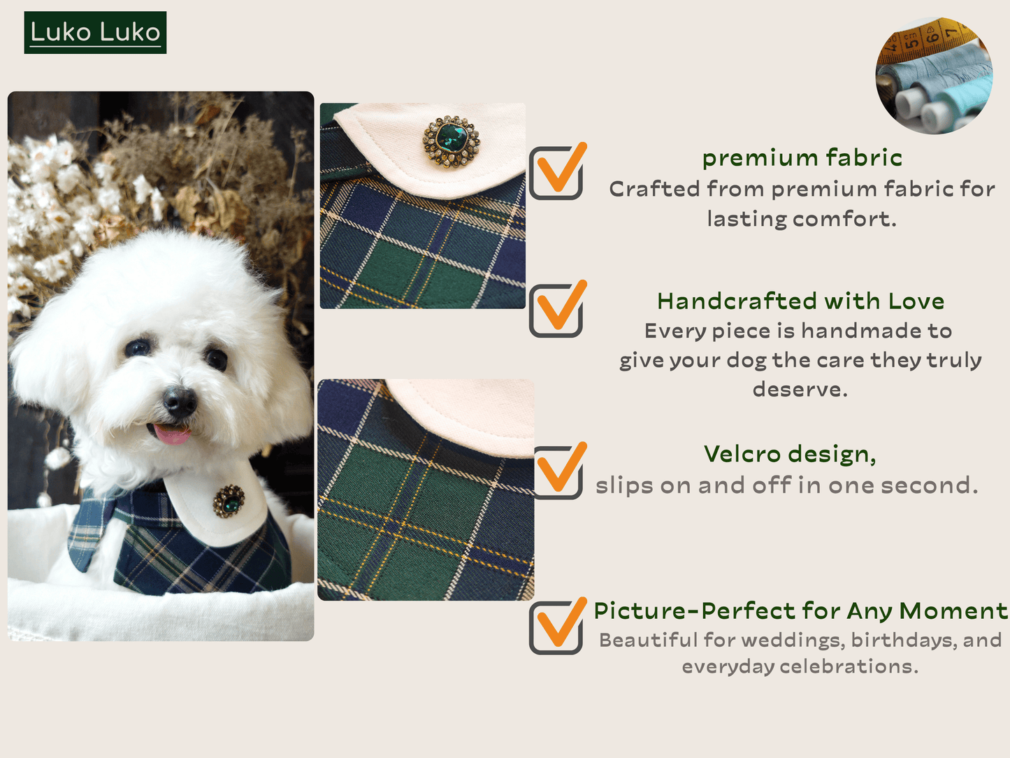 Evelyn - Green Plaid Dog Cape | Classic Elegance & Versatile Charm