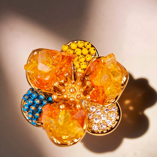 Petite Soleil – Golden Crystal Flower Brooch for Dogs | Chic Accent for Black Outfits