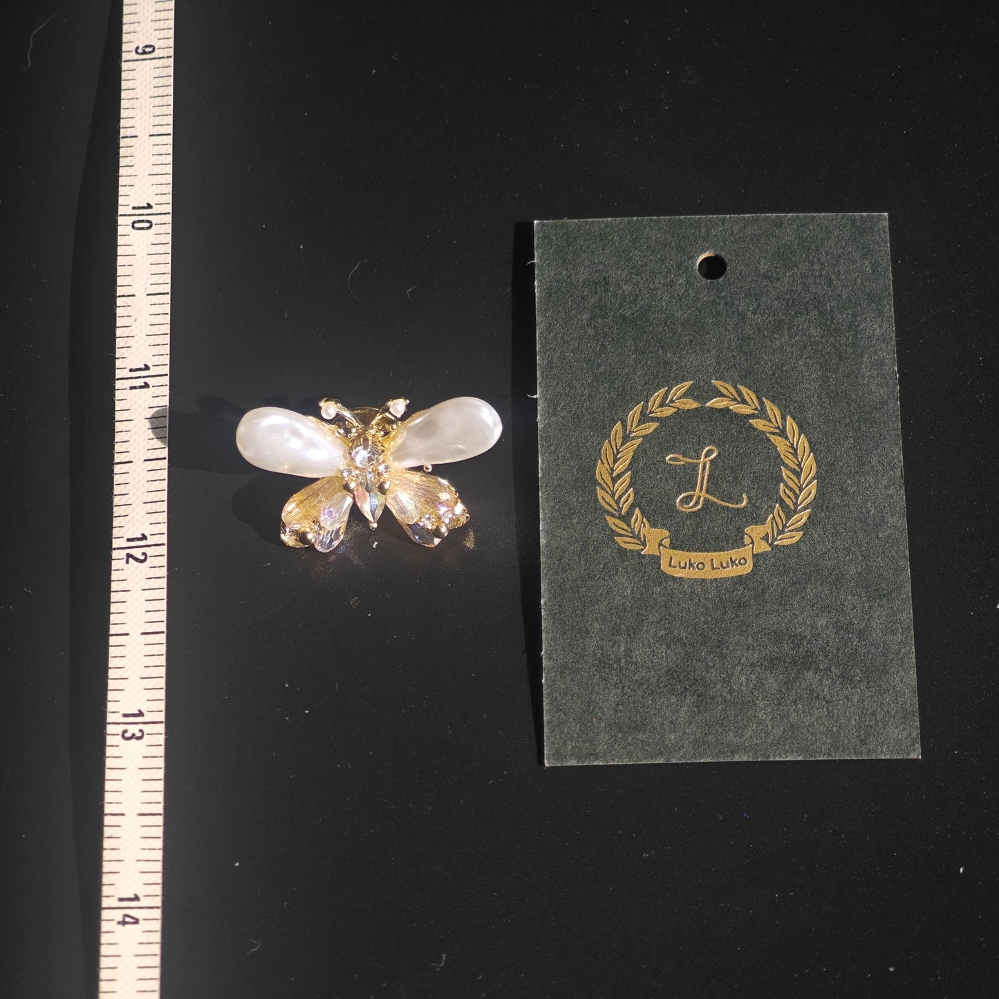 Belle Papillon – Pearl & Champagne Crystal Butterfly Brooch for Dogs | Elegant Couture Accent