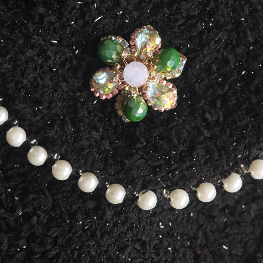 Celeste Bloom – Multicolor Crystal Flower Brooch | Radiant Contrast with Black Couture