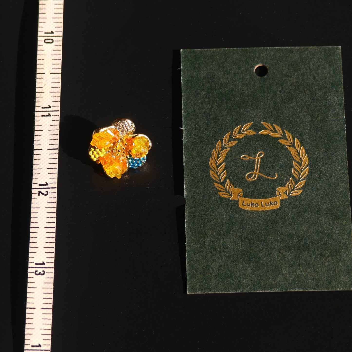 Petite Soleil – Golden Crystal Flower Brooch for Dogs | Chic Accent for Black Outfits