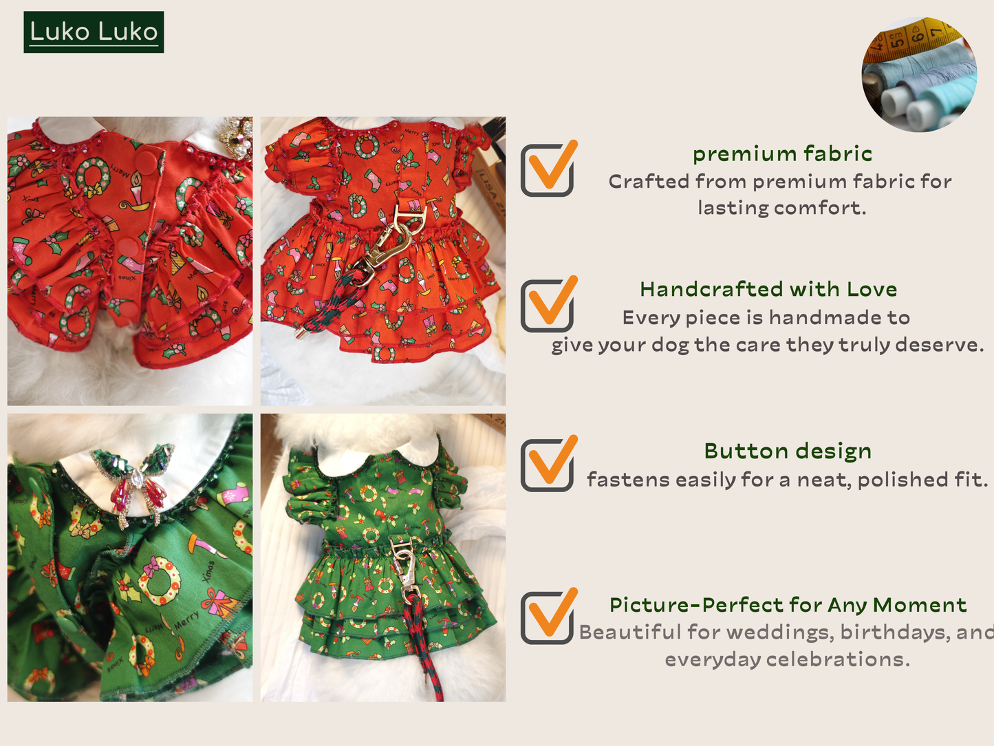 Luna – Handmade One-Piece Dress with Interchangeable Brooch for Dogs